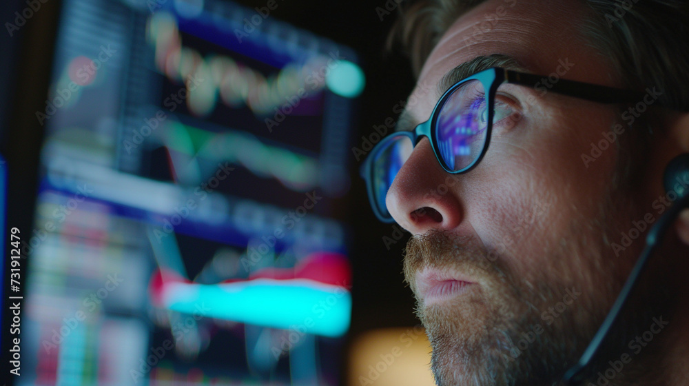 Poster a tense moment captured as a trader watches a sudden market spike, with screens showing live trading