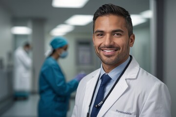 Cheerful and confident hispanic male in hospital looking at camera