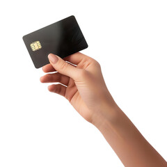Hand holding bank card with chip Isolated on transparent background.