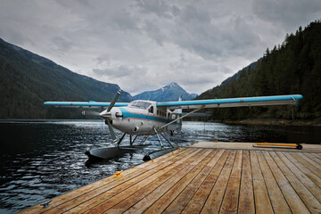 A floatplane in the fjords of Alaska at the pier - 731912831