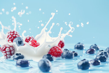 Obraz na płótnie Canvas Milk splash with blueberries, raspberries, blueberries and blackberries on a light blue background