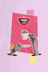 Vertical collage creative poster black white effect caricature element hand hold cup cacao sweet...