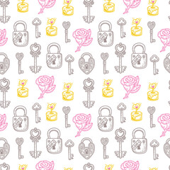 Seamless pattern with contour drawings of roses, keys, locks, candles on a white background.