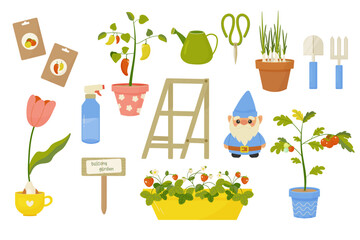Garden set on balcony. urban gardening, vegetables in pots , spring planting. tomatoes, peppers, stock, onions, seeds. Vector illustration - obrazy, fototapety, plakaty