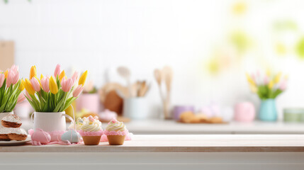 Easter themed eggs on the kitchen worktop with bright sunshine and flowers in the background. Space for text and Easter themed message