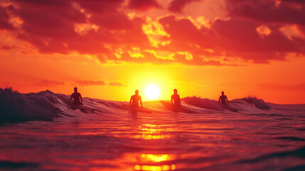 Four surfers surfing in the sea at sunset