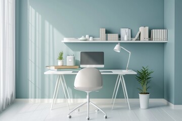 Modern minimalist home office with blue wall, white desk, and decor.