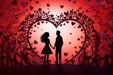 paper cut art style of two man and woman couple lover silhouette in love garden in heart frame, flower blossom, valentine's day illustration, Generative Ai