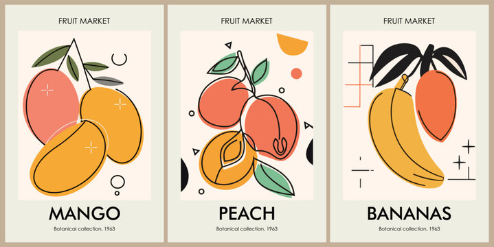 Set of abstract Fruit Market retro posters. Trendy kitchen gallery wall art with exotic mango, bananas, peach fruits. Modern naive groovy funky interior decorations, paintings. Vector art illustration
