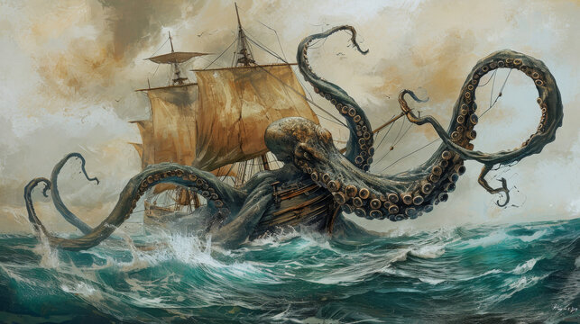 Creative illustration of how a giant octopus tries to sink an old ship