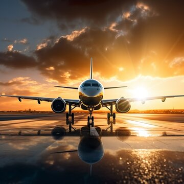 Ein Flugzeug bei einem Sonnenuntergang auf dem Rollfeld