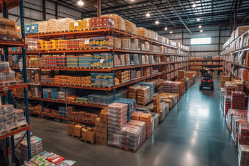 In a well-organized warehouse, volunteers sort through massive quantities of donated food.  - obrazy, fototapety, plakaty