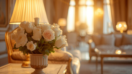 Obraz premium Luxury hotel, bedroom with flower arrangements, soft lighting and evening. Sunlight illuminating the room.