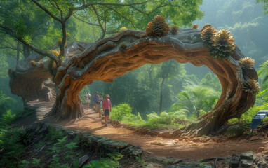 Obraz premium On a rainforest eco-trail, a uniquely shaped tree catches the eye. 