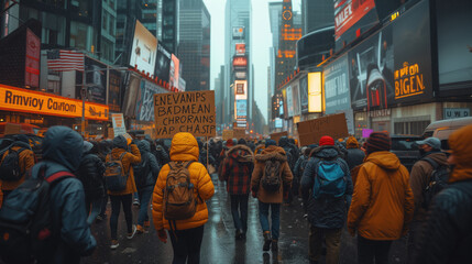 a group of protestors holding signs and marching through a city street. The background is a bustling urban environment filled with skyscrapers and cars.