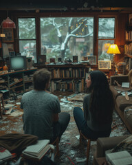 Obraz premium a heated argument between two people in a dimly lit room. The background is a cluttered and disorganized living space.