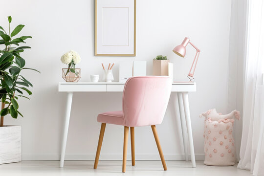 Small workspace with pink chair, white desk, and green plants in a bright room.