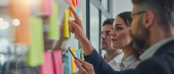 Team collaborating with colorful sticky notes on glass, brainstorming in action