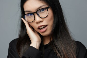 Glasses woman beautiful pointing asian finger background portrait
