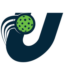 A beautiful flying pickleball logo vector over the letter U. You can use it as club logo, banner design etc.