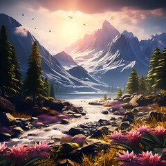 Fototapeta na wymiar Illustration eine schönen Berglandschaft