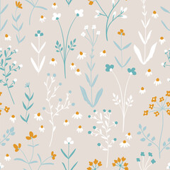Fototapeta na wymiar Floral seamless pattern of small flowers. Vector illustration in simple hand-drawn Scandinavian style. The limited pastel palette is ideal for textiles, fabrics, wallpapers, packaging