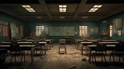 Foto op Canvas Educational Relic: An obsolete classroom frozen in time, portraying a stark and forlorn ambiance, perfect for conveying a sense of abandoned academic history in design projects © David