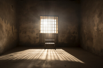 A solitary prison cell illuminated by shafts of light through barred windows, capturing the essence of isolation and hope for redemption. Glimpse of Freedom. - obrazy, fototapety, plakaty