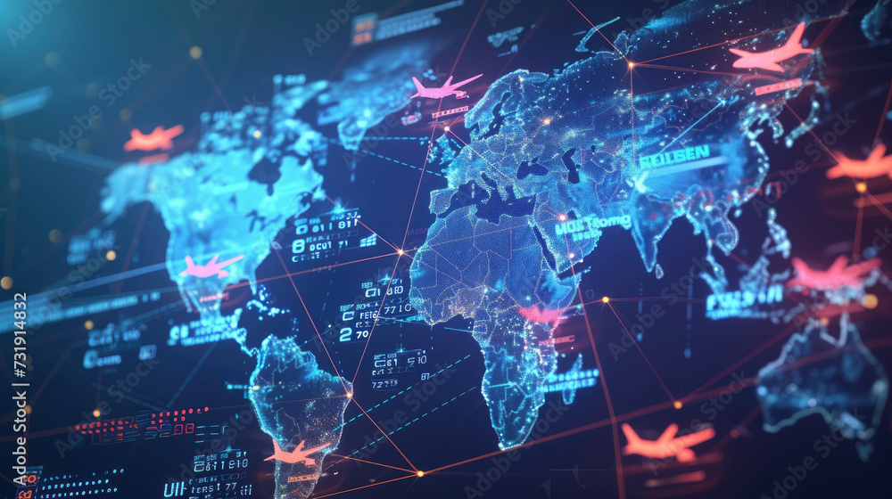 Poster visualizing the pulse of the global economy: interactive digital map with detailed icons representin