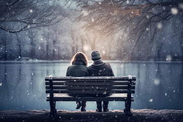 Verliebtes Paar sitzt auf einer Bank im Winter - obrazy, fototapety, plakaty