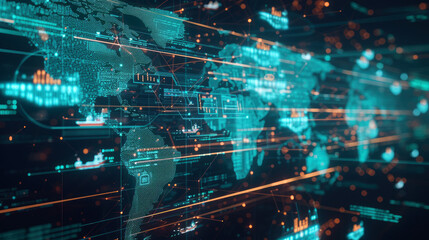 A close-up view of international commerce: Digital connections form a world map, highlighting global trade routes with shipping and air freight icons in a high-tech monitoring center.
