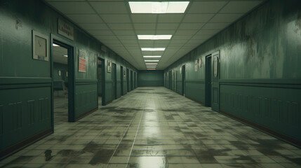 Fototapeta premium Empty school corridor, An empty educational corridor speaks volumes with its symmetrical lines, clean design, and the promise of knowledge. A canvas of potential for innovative minds.