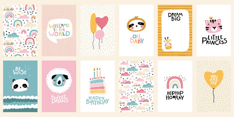 Fototapeta na wymiar Tropical Birthday card posters collection. Cute face of an animal with lettering. Childish print for nursery in a Scandinavian style. Vector cartoon illustration in pastel colors