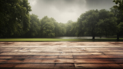 Empty wooden table with rain background - obrazy, fototapety, plakaty