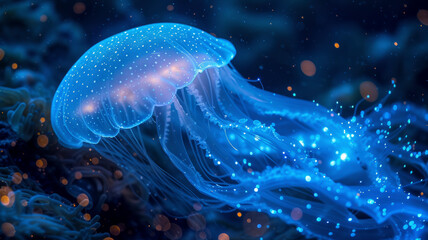 Bioluminescent ballet of jelly fish illuminate the ocean depths in a dazzling dance of light,...