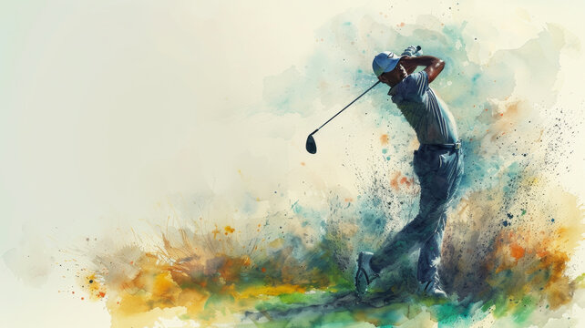 Pro golfer showcases precision and power, swinging a 3 wood with poise on a vibrant fairway. Dynamic athleticism captured amidst colored washes, epitomizing the thrill of the game