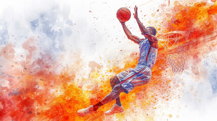 Basketball. High-flyer in dynamic illustration as a basketball player lines up the shot, capturing the adrenaline of a powerful slam