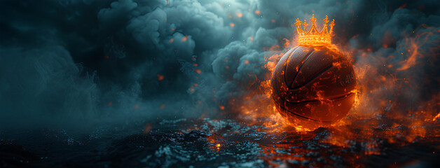 a basketball with a crown on top against a dark, smoky background - obrazy, fototapety, plakaty