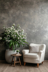 Modern cozy armchair interior design home living room or color wall furniture decor. Stylish trendy minimal chair and table with house decoration luxury contemporary background. Furniture store ads .