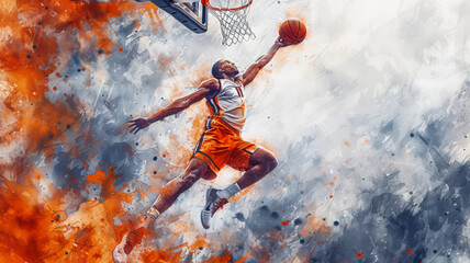 Basketball. High-flyer slam dunk in dynamic illustration as a basketball player soars in mid-air, capturing the adrenaline of a powerful slam - obrazy, fototapety, plakaty