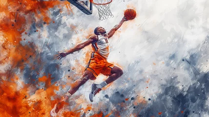 Tuinposter Basketball. High-flyer slam dunk in dynamic illustration as a basketball player soars in mid-air, capturing the adrenaline of a powerful slam © David