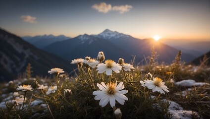 white mountain flower with snowy peaks in the background