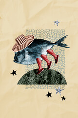Vertical collage picture of weird unusual underwater creature with human legs isolated on creative...