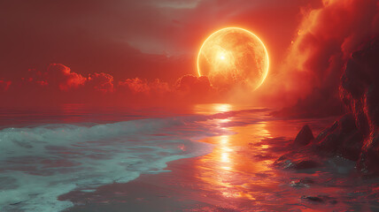 landscape illustration from another planet with sea and red planet