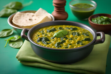 Indian red lentil spinach puree with flatbread on wooden background. Palak mong dal. Playground AI platform.