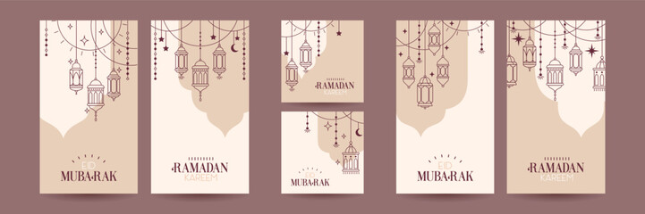 Set posters with mosque gates, lanterns and a crescent moon in a flat style. Collection postcard Ramadan Mubarak. Line style, elegant and modern design, minimalism. Vector for social media post