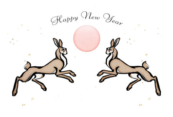 初日の出　向かい合う茶色い野兎 　卯年　年賀状デザイン