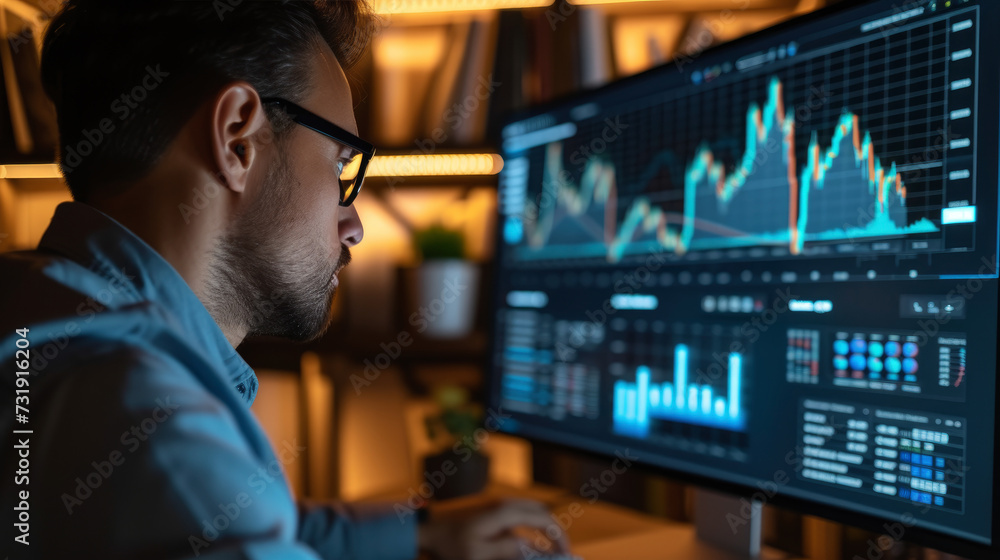 Poster a financial analyst meticulously reviews economic models on a computer, with graphs predicting growt