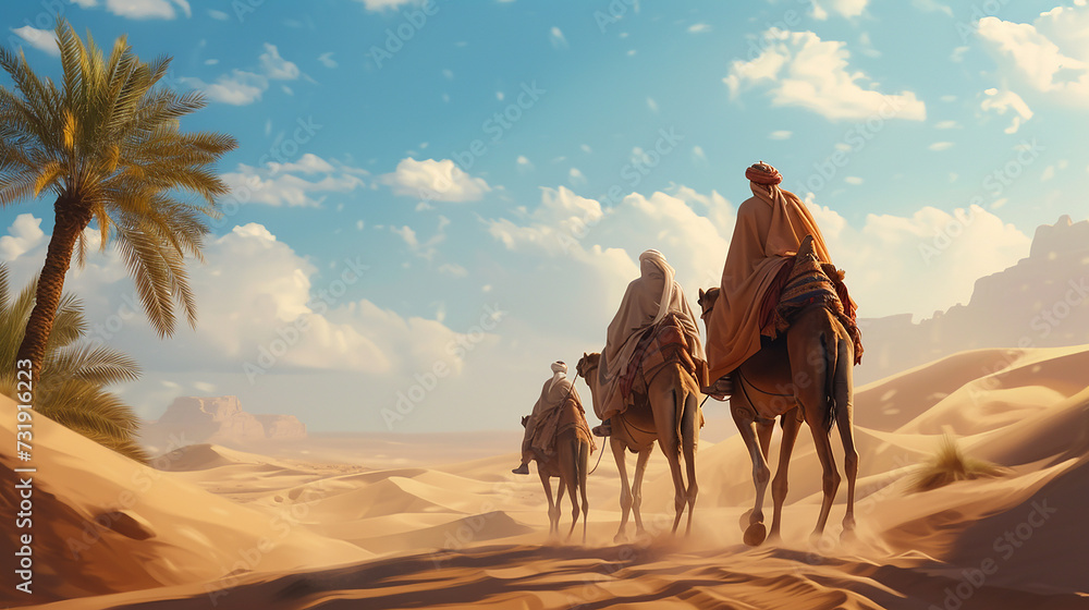 Wall mural desert journey: man riding a camel