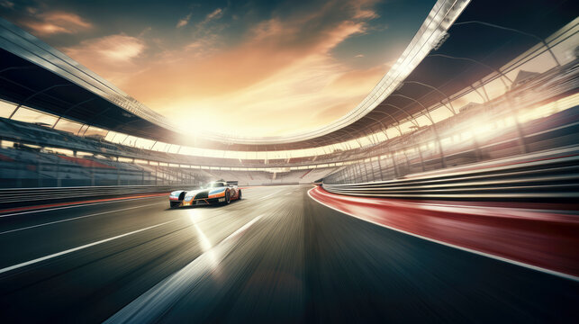 Blurred racing car travelling through grandstand section of race track. A dynamic composition depicting the excitement and energy of motorsport